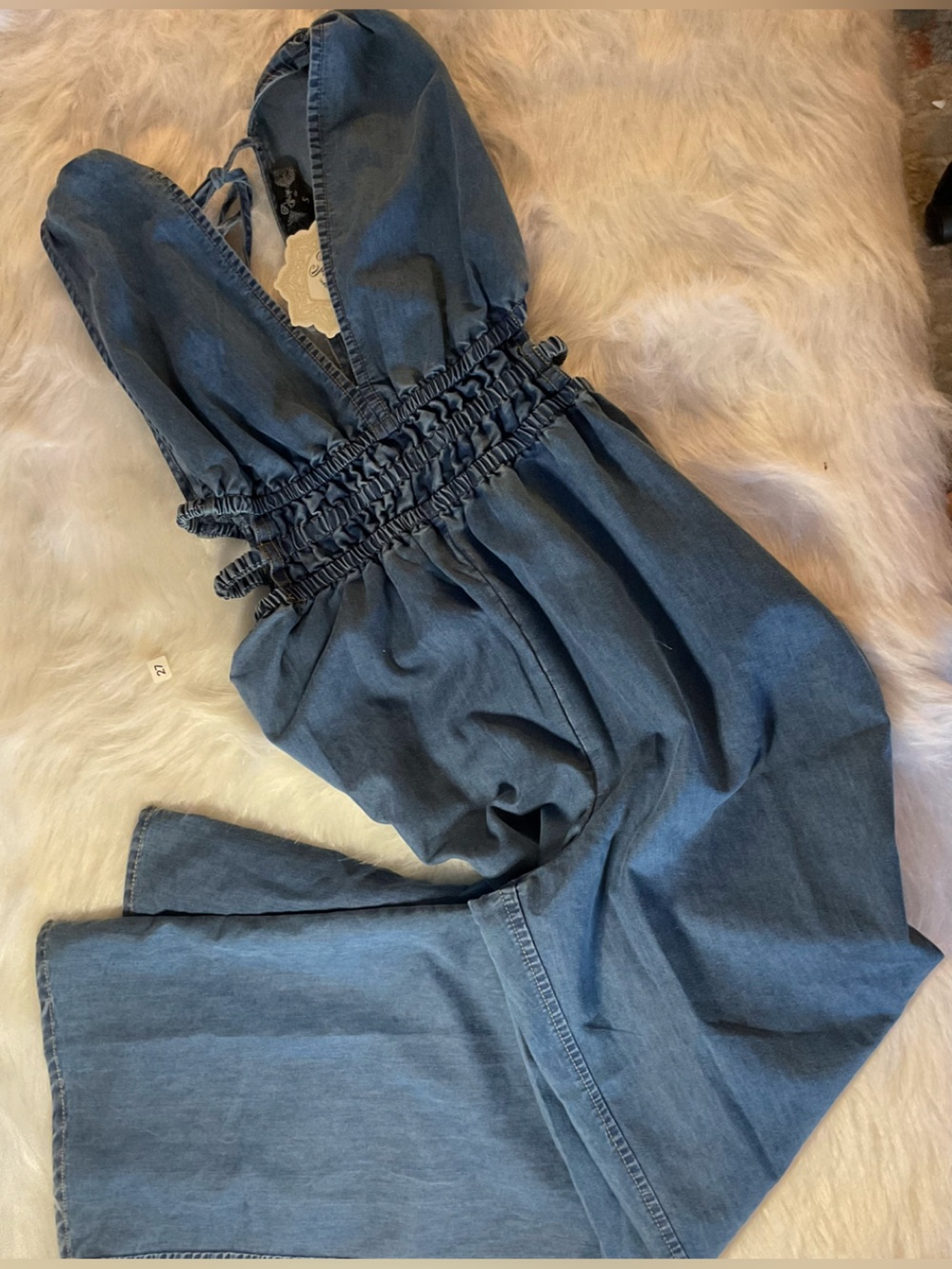 Wish Smocked Denim Jumpsuit in Blue
